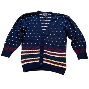 Vintage Magnet Navy Blue Fair Isle Cardigan Sweater Ramie Cotton Blend Mens M